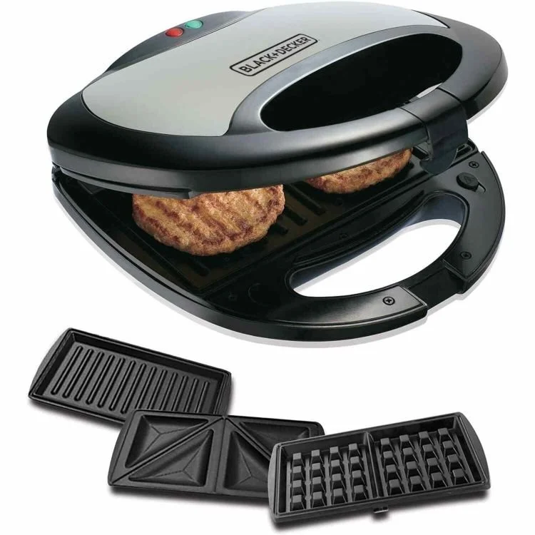 Black+Decker 750w 3 In 1 Sandwich, Grill And Waffle Maker, Black/Silver - TS2090-B5