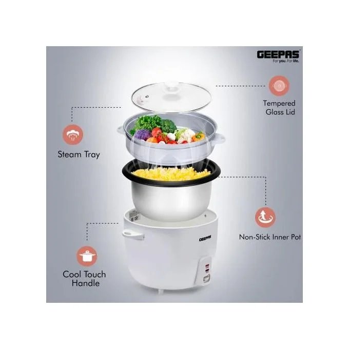 Geepas 3-IN-1 Rice Cooker & Steamer with Keep Warm 2.8Litres -White