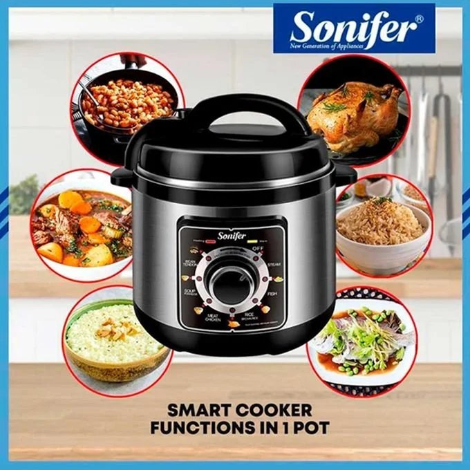 Sonifer 8 Litres Multi-functional Automatic Timing Control Power Electric Pressure Cooker Steamer Pot- Black