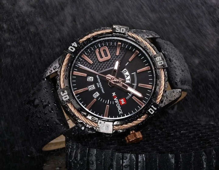 NAVIFORCE Mens Watch Gold Luxury Sport Waterproof Military WristWatch Business Casual Leather Strap Watches for Men NF9117L