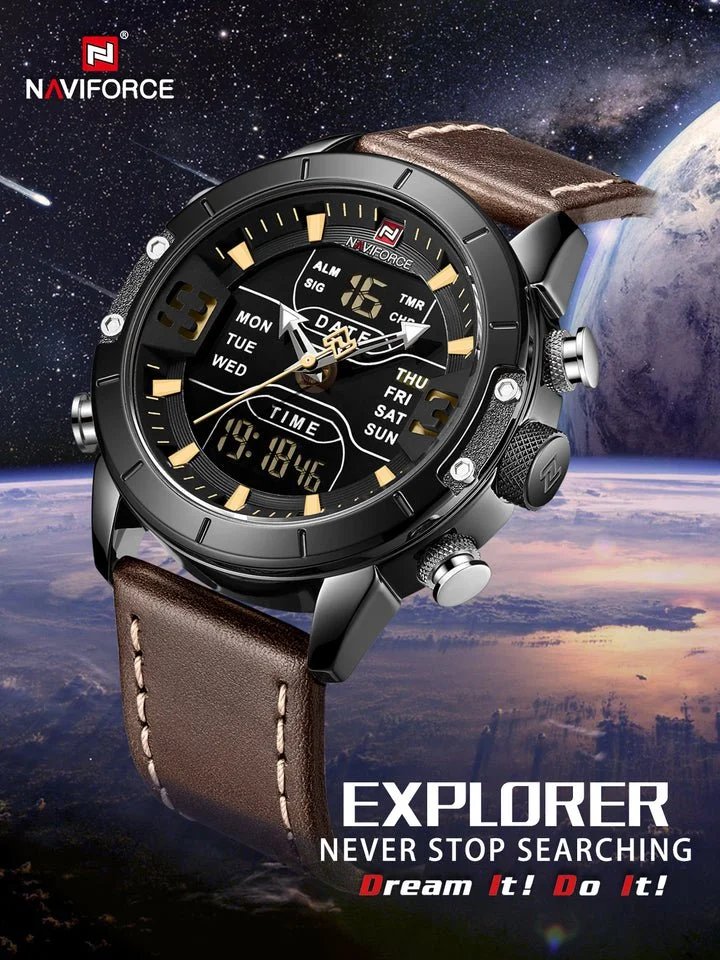 NAVIFORCE Quartz Watch Men Luxury Digital Sport Waterproof Wristwatches Leather Strap Business Watch NF9153L
