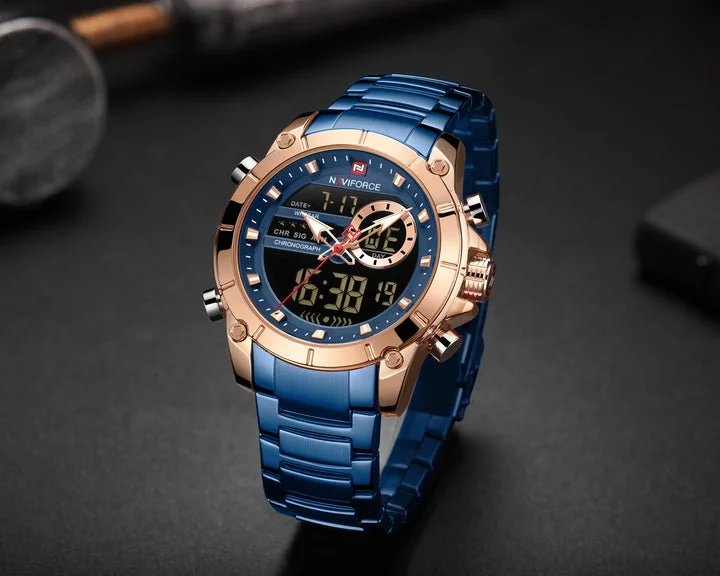 NAVIFORCE Men Military Sport Watches Digital Analog Waterproof Stainless Steel Wristwatch NF9163