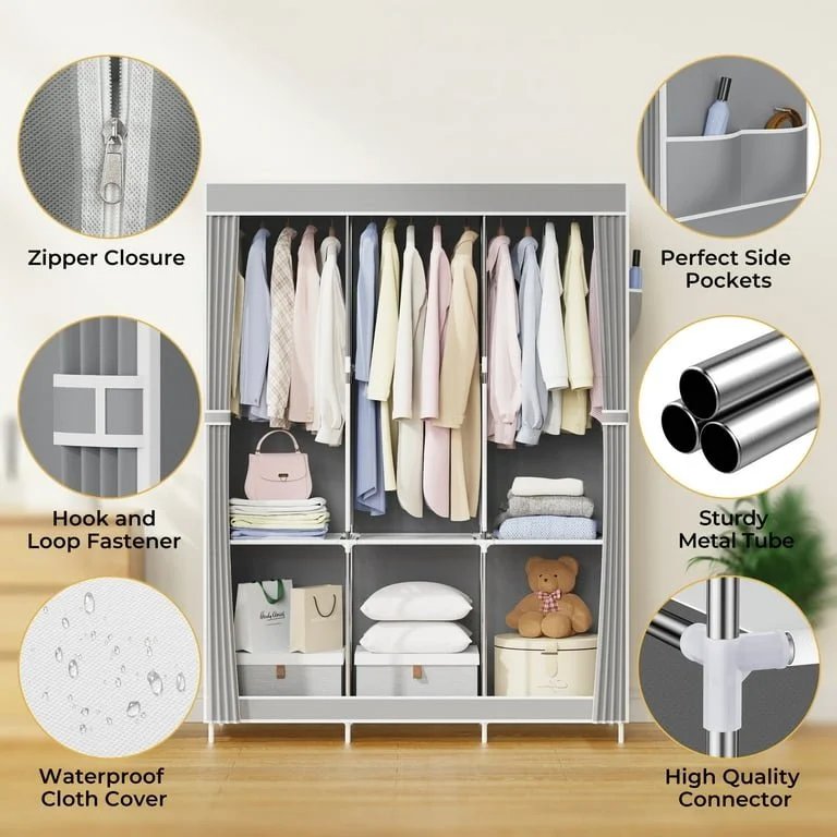 Portable Closet Wardrobe for Hanging Clothes 6 Storage Shelves Closet Organizers for Bedroom Free Standing Clothes Rack with Cover
