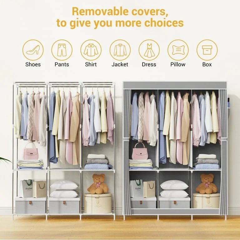 Portable Closet Wardrobe for Hanging Clothes 6 Storage Shelves Closet Organizers for Bedroom Free Standing Clothes Rack with Cover