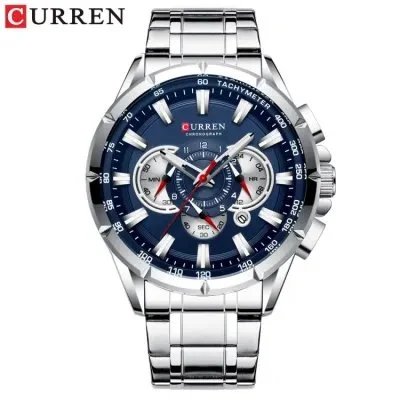 CURREN 8363 Fashion Men Watches With Stainless Steel Top Brand Luxury Sports Quartz Men Watch (SIlver Blue)