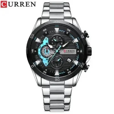 CURREN 8402 Fashion Waterproof Chronograph Stainless Steel Watch for Men – Silver & Black