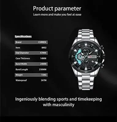 CURREN 8402 Fashion Waterproof Chronograph Stainless Steel Watch for Men – Silver & Black