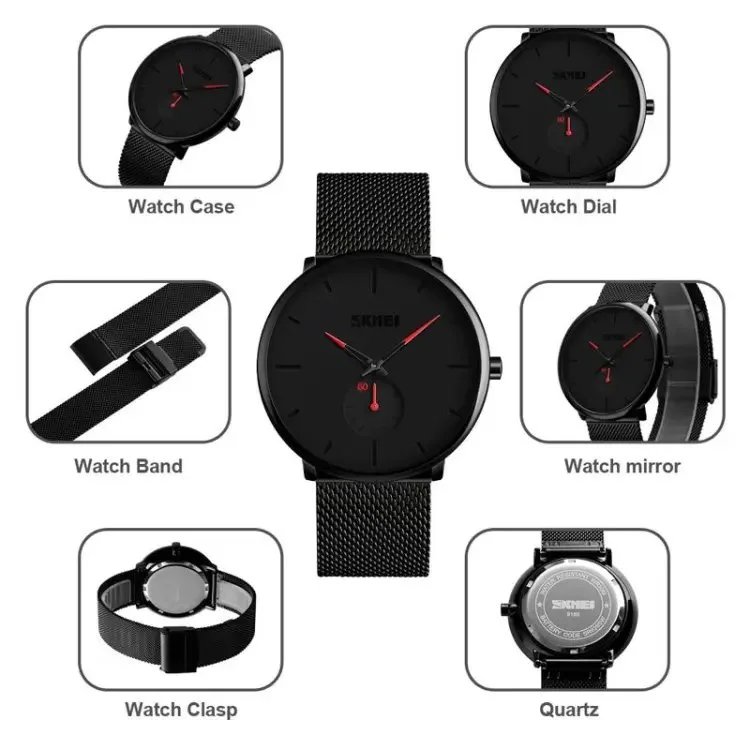 SKMEI Men Fashion Watch Stainless Steel Ultra-thin Quartz Watch Waterproof for Men 9185