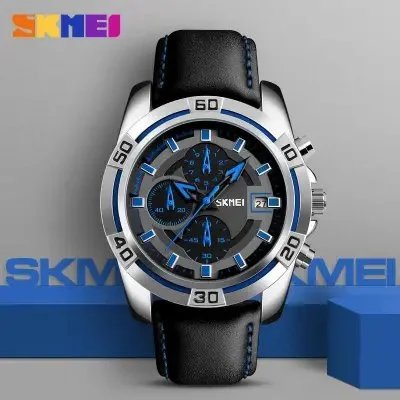 SKMEI Fashion Sports Quartz Clock Leather Chronograph Waterproof Watch For Men 9156