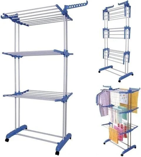 Folding 3 Tier Clothes Drying Rack Rolling Collapsible Garment Laundry Dryer Hanger Stand Rail With Two Side Wings Indoor Blue
