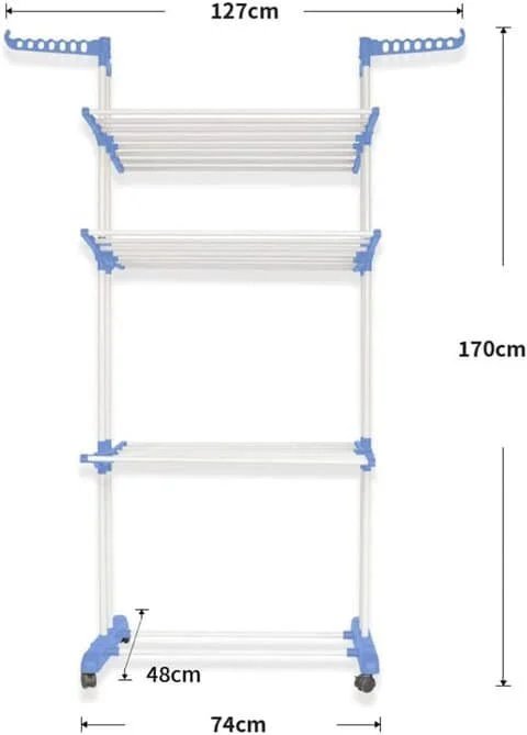 Folding 3 Tier Clothes Drying Rack Rolling Collapsible Garment Laundry Dryer Hanger Stand Rail With Two Side Wings Indoor Blue