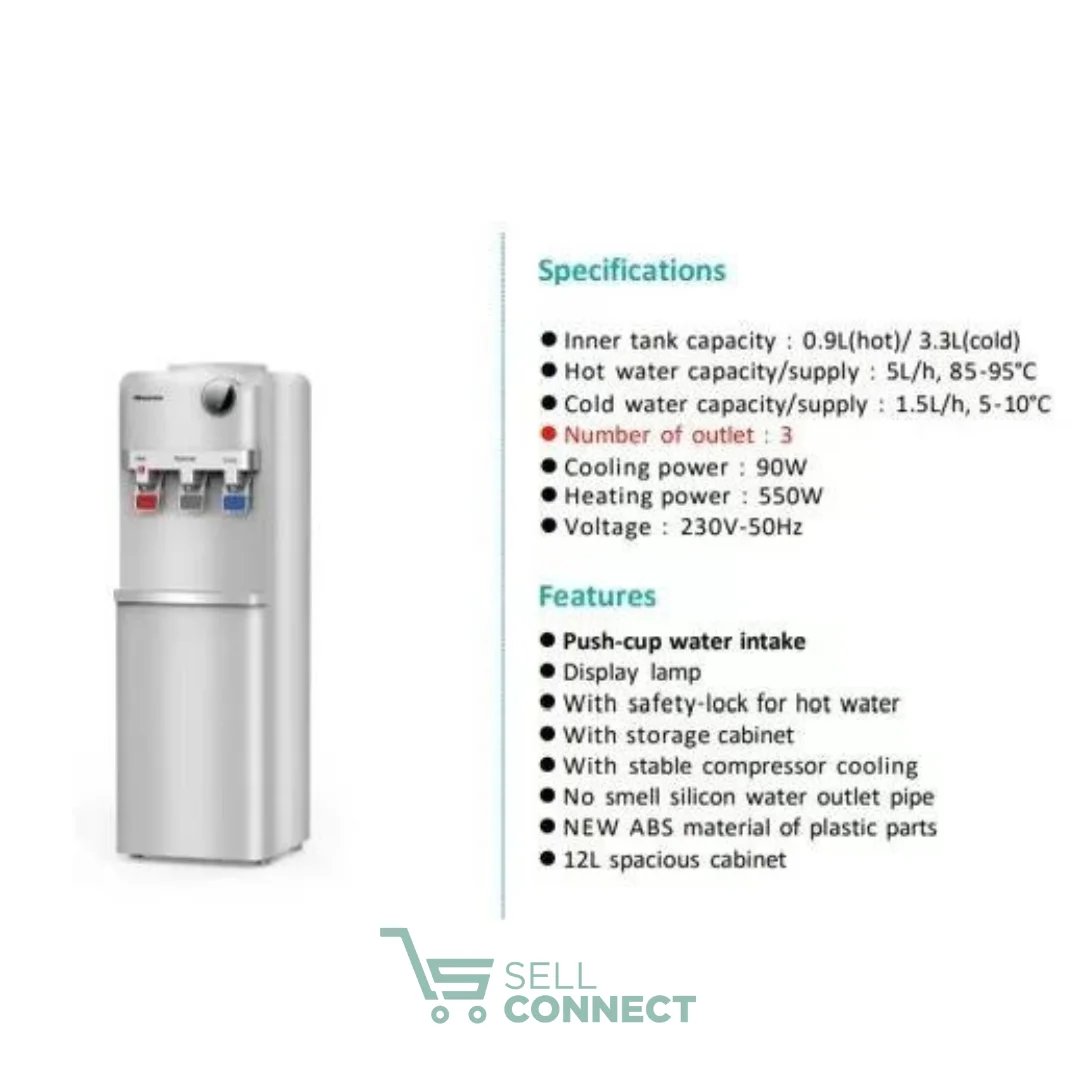 Hisense Water Dispenser, 3 Taps, Hot, Cold & Normal, Display Lamp, 12L Storage Cabinet, H96WDTS3S2