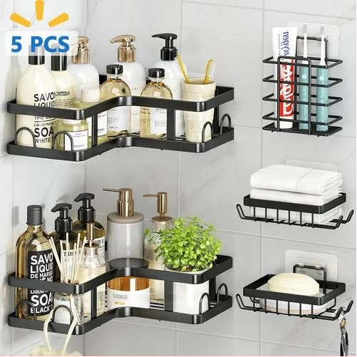 5 Sets Cosmetics Lotion Bathroom Storage Rack for Kitchen Organizer No-Punch Wall -mounted Oil Salt Vinegar Multifunction Organizer Soap Dish Toiletries Shelf Practical Shower Caddy Set -Black