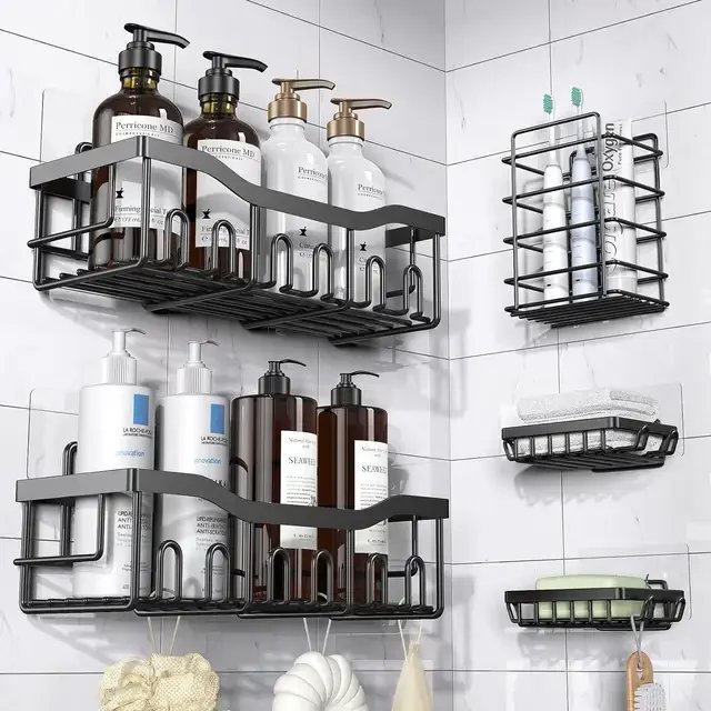 5 Sets Cosmetics Lotion Bathroom Storage Rack for Kitchen Organizer No-Punch Wall -mounted Oil Salt Vinegar Multifunction Organizer Soap Dish Toiletries Shelf Practical Shower Caddy Set -Black