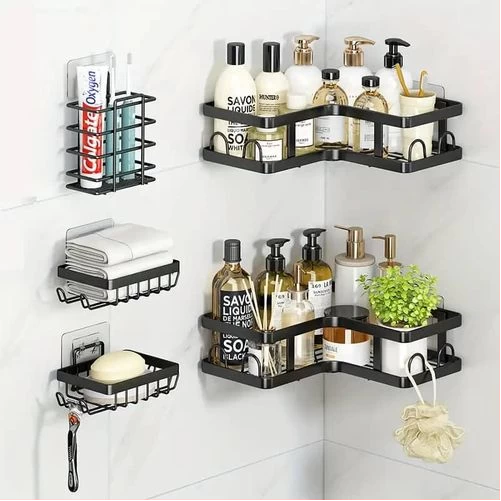 5 Sets Cosmetics Lotion Bathroom Storage Rack for Kitchen Organizer No-Punch Wall -mounted Oil Salt Vinegar Multifunction Organizer Soap Dish Toiletries Shelf Practical Shower Caddy Set -Black