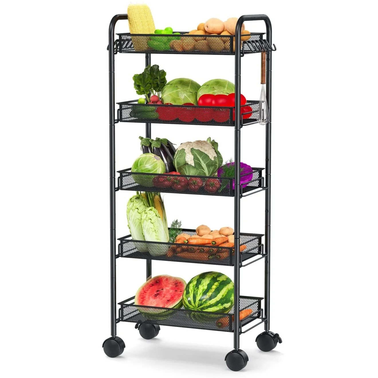Metallic Kitchen Storage Organizer 5 Tiers Movable Cart