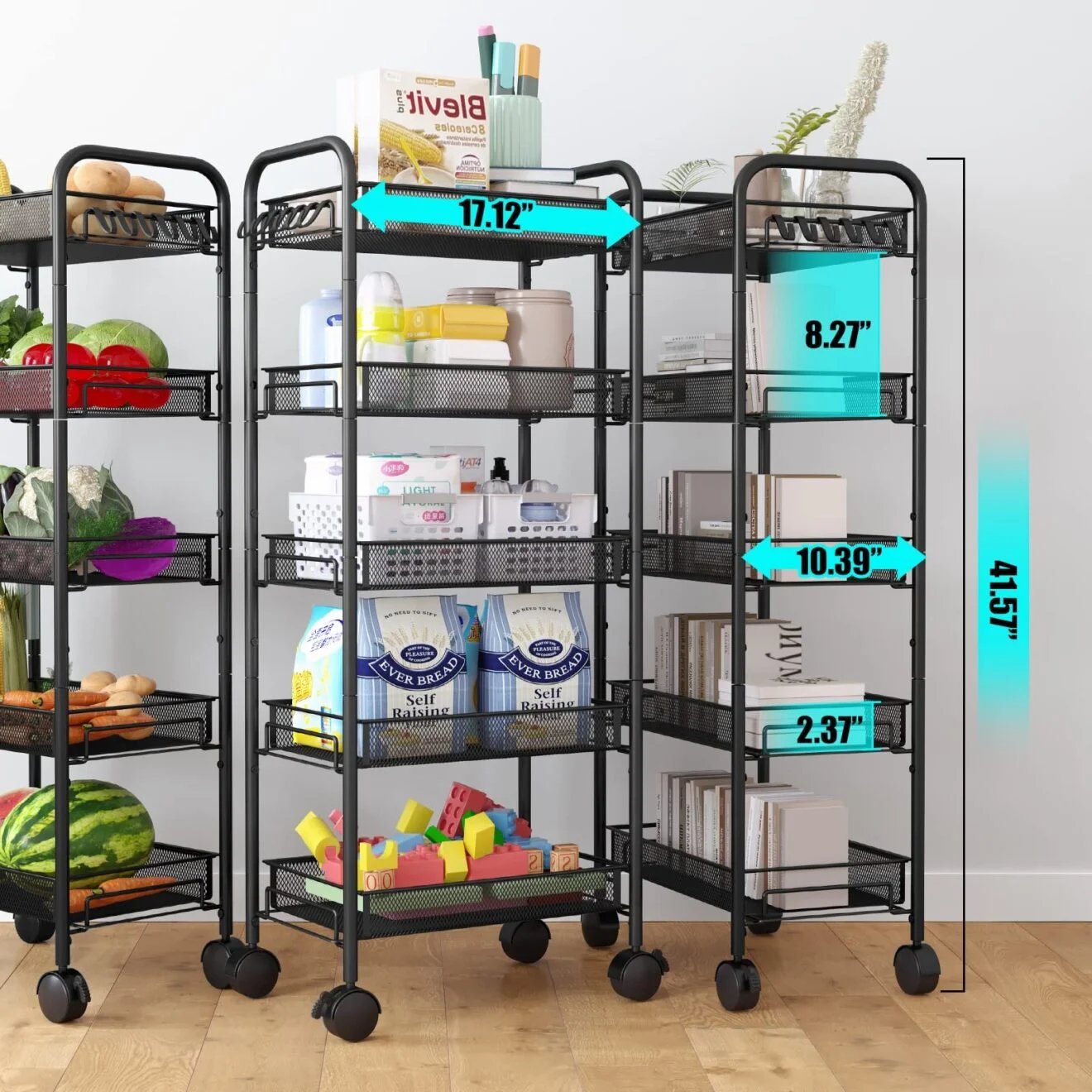 Metallic Kitchen Storage Organizer 5 Tiers Movable Cart