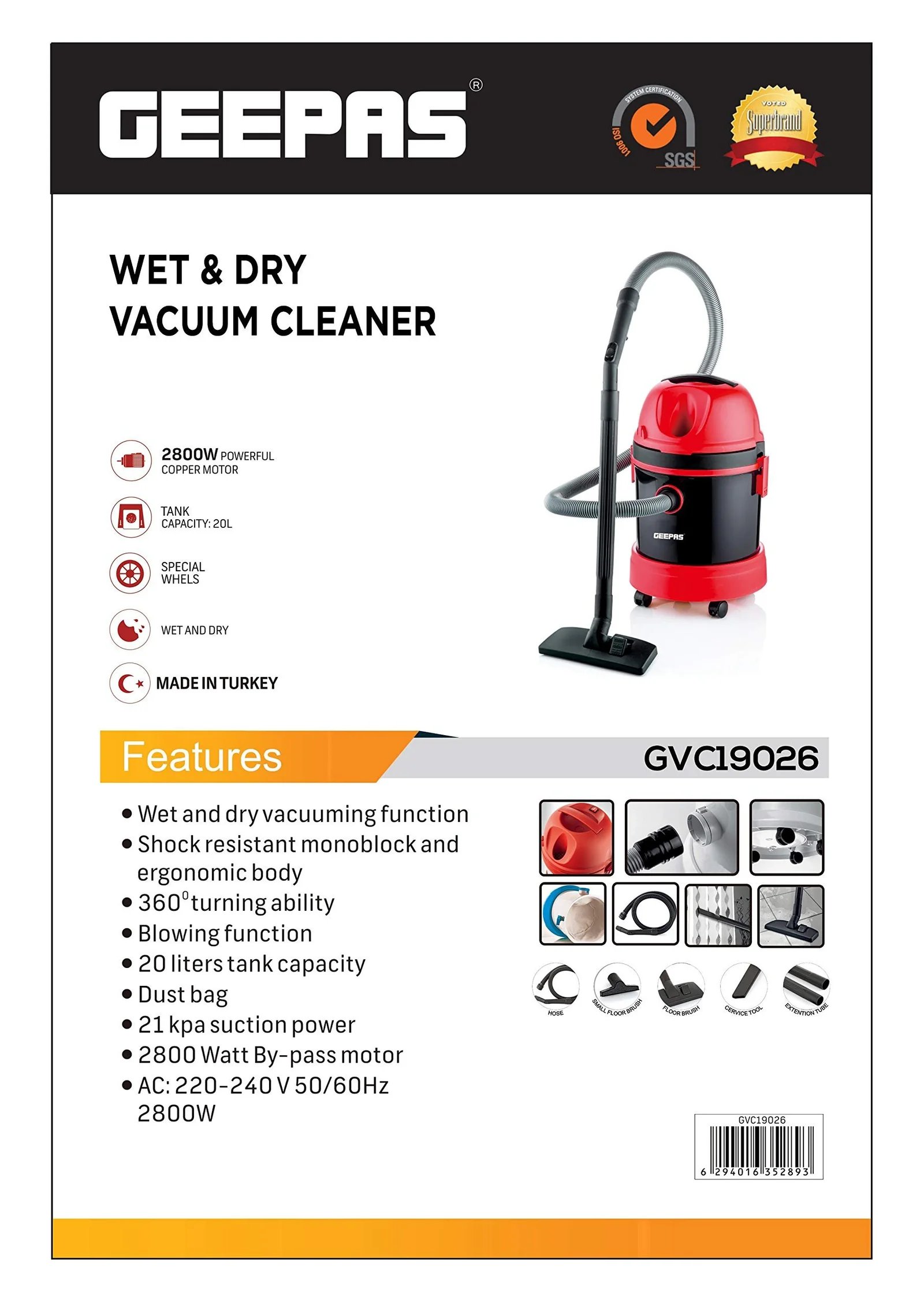 Geepas Wet & Dry Vacuum Cleaner 18L – GVC19026N, 2800W.