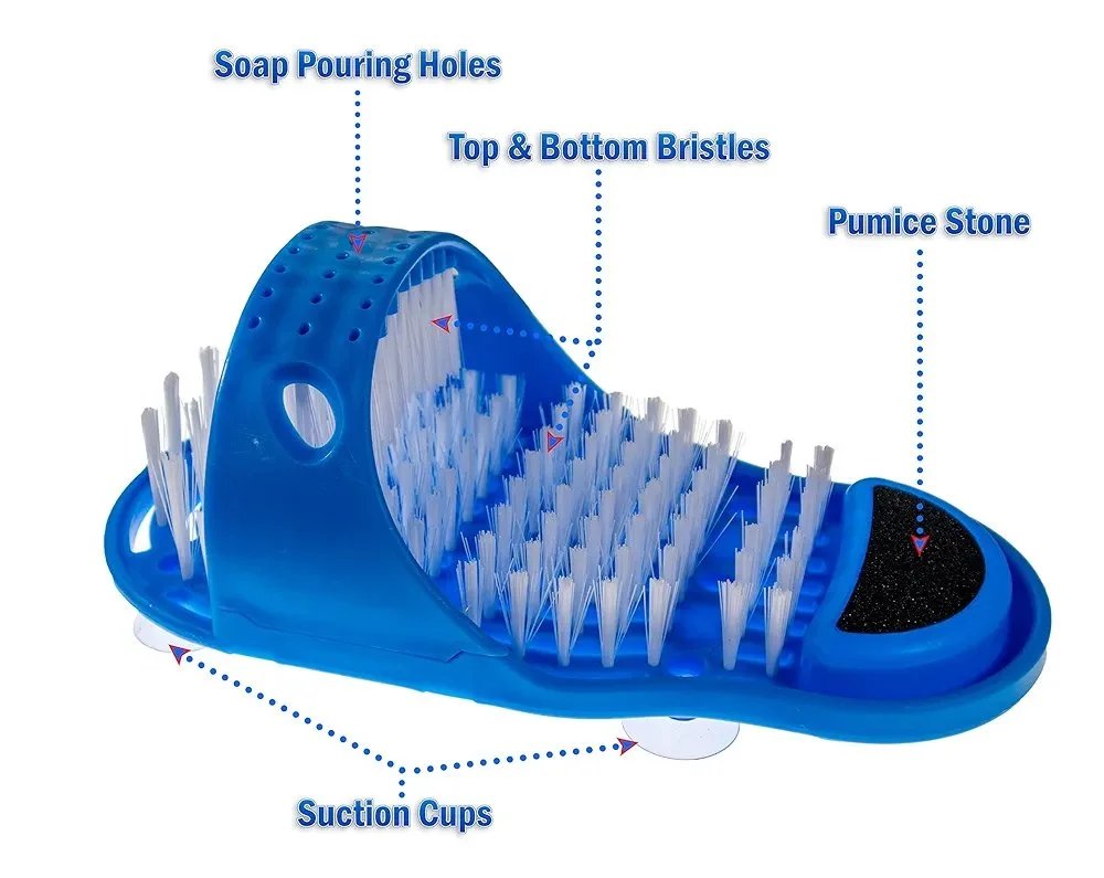 Shower Foot Scrubber Washing Brush Sandal - Bath Feet Cleaner Exfoliating Spa - Non Slip Suction Cup With Pumice Stone (Blue)