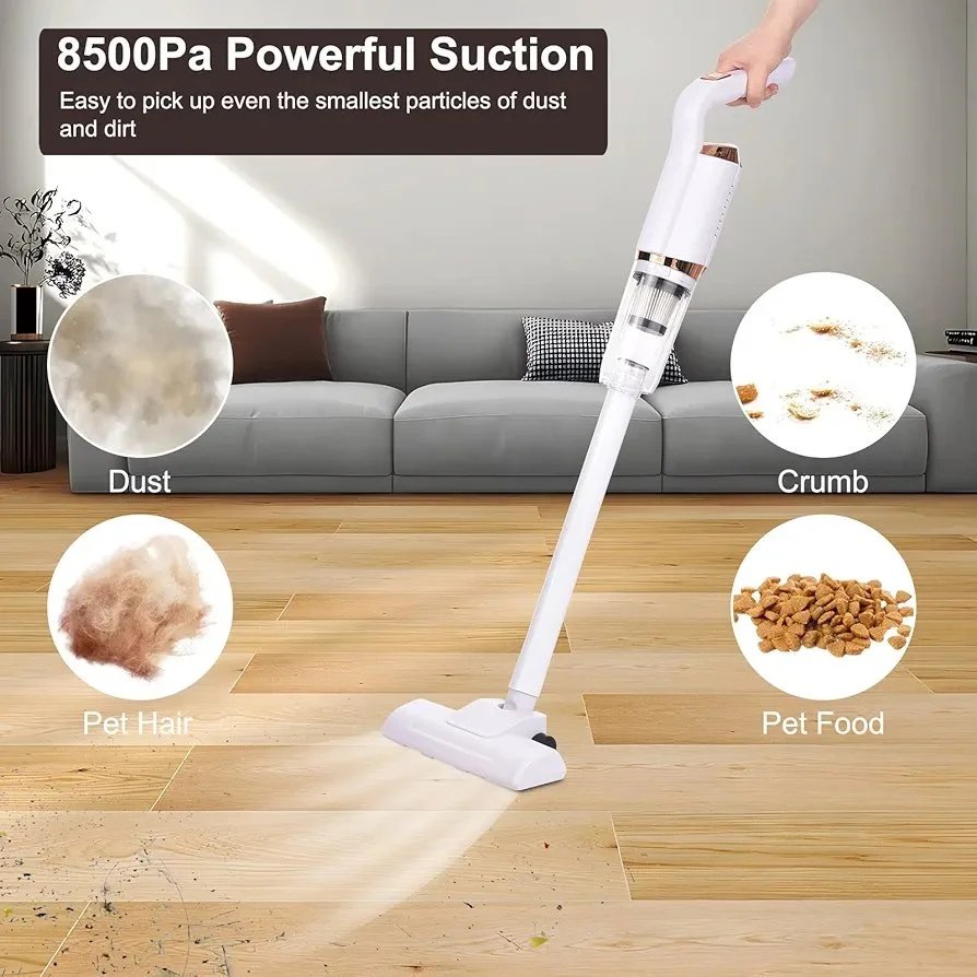 Portable Cordless Vacuum Cleaner 120W Handheld Stick Vacuum Cleaner for Hard Floor Carpet Pet Hair Car 8500Pa Powerful Suction 600ml Dust Collecting Cup with Floor Brush