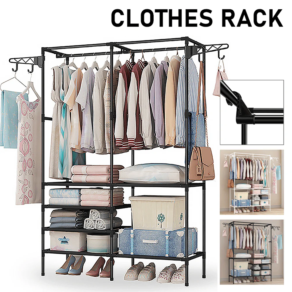 Multifunctional Clothes Hanger Stand, Simple Fashion Clothes Wardrobe, Double Row Clothes Rack, Floor Garment Storage Wardrobe, Metal Black Floor Standing Coat Rack, Hallway Furniture Assembly Hanger Shelf