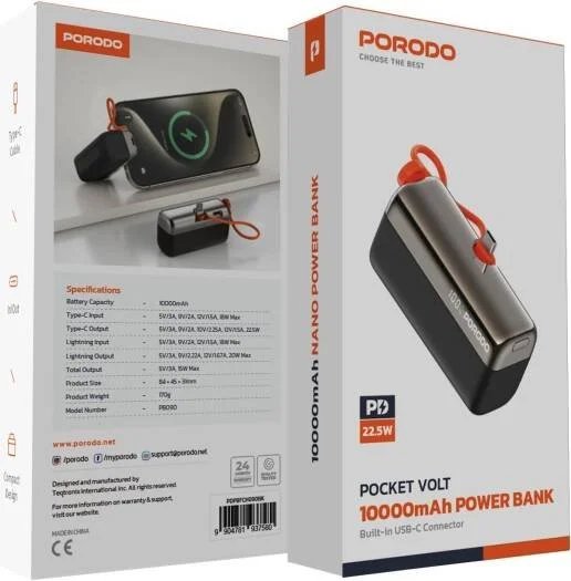 Porodo Pocket Volt 10000mAh Nano Power Bank, Built-in USB-C Connector