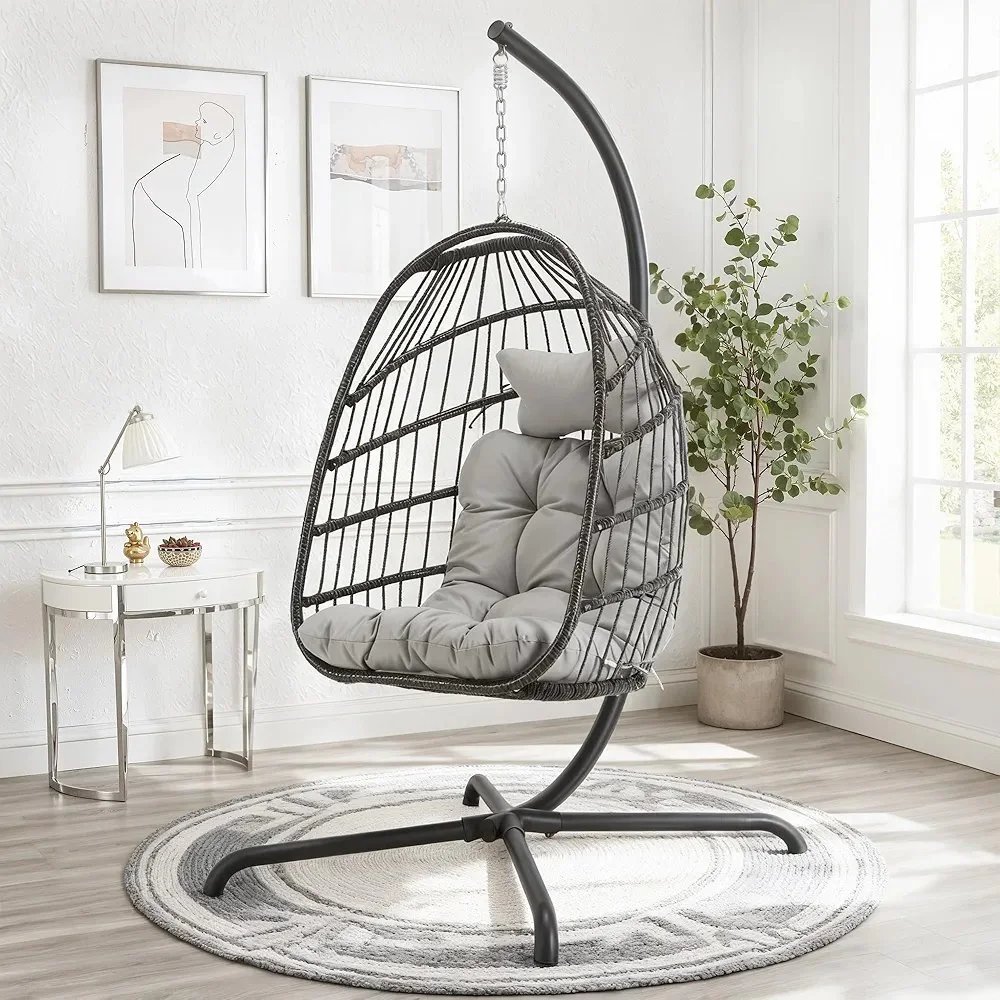 Swing Egg Chair with Stand Indoor Outdoor Wicker Rattan Patio Basket Hanging Chair with UV Resistant Cushions 350lbs Capacity for Bedroom Balcony Patio (Grey)