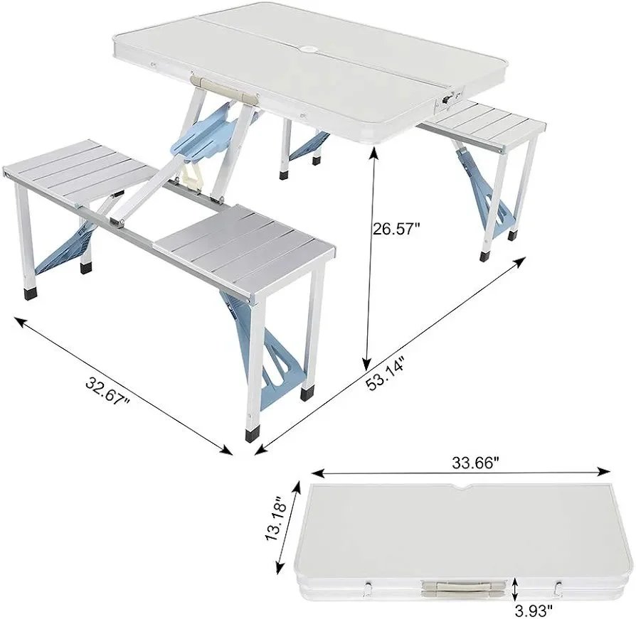 Picnic Tables, One Piece Folding Table and Chair Aluminum Alloy, Portable Folding Camping Picnic Table and 4 Seats, Portable Desk, for Indoor Outdoor Travel, Camping, Hole for Parasol