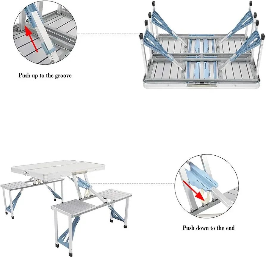Picnic Tables, One Piece Folding Table and Chair Aluminum Alloy, Portable Folding Camping Picnic Table and 4 Seats, Portable Desk, for Indoor Outdoor Travel, Camping, Hole for Parasol