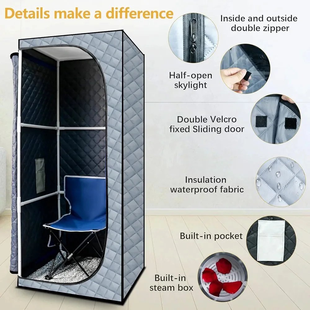 Portable Full Size Steam Sauna, Portable Saunas Fold-able with 2 * 2L Steam Generator Remote Control Folding Chair for Detox Reduce Stress Fatigue Indoor Home (Grey)
