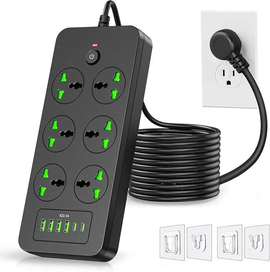 Flat Plug Extension Cord, Universal Power Strip with 6 Outlets 4 USB 2 USB C Ports, 3.1A Fast Charge，Overload Protection, 3000w, 110-240v, Plug Adapter for Home Office Overseas Travel Essentials