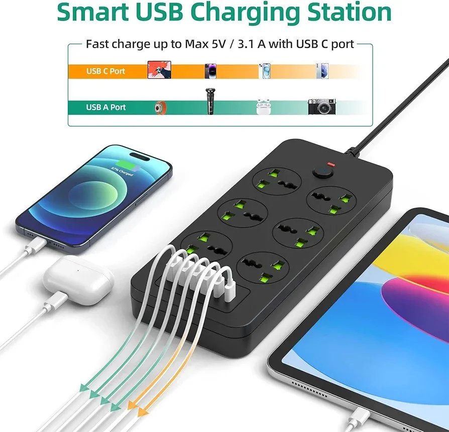 Flat Plug Extension Cord, Universal Power Strip with 6 Outlets 4 USB 2 USB C Ports, 3.1A Fast Charge，Overload Protection, 3000w, 110-240v, Plug Adapter for Home Office Overseas Travel Essentials