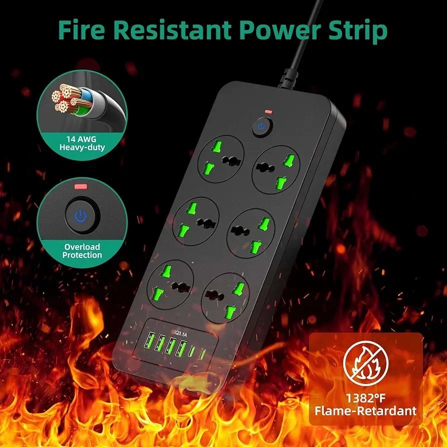 Flat Plug Extension Cord, Universal Power Strip with 6 Outlets 4 USB 2 USB C Ports, 3.1A Fast Charge，Overload Protection, 3000w, 110-240v, Plug Adapter for Home Office Overseas Travel Essentials