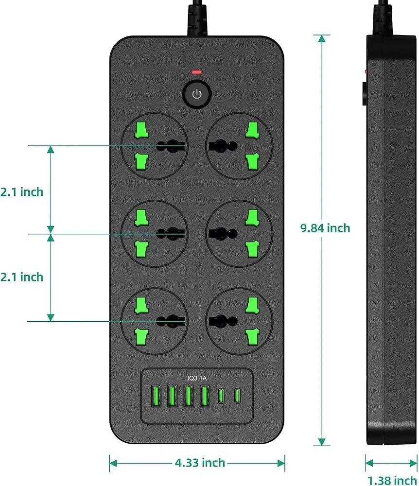 Flat Plug Extension Cord, Universal Power Strip with 6 Outlets 4 USB 2 USB C Ports, 3.1A Fast Charge，Overload Protection, 3000w, 110-240v, Plug Adapter for Home Office Overseas Travel Essentials