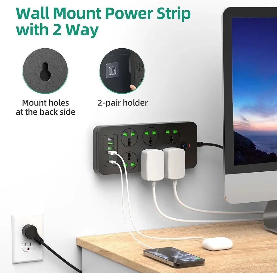 Flat Plug Extension Cord, Universal Power Strip with 6 Outlets 4 USB 2 USB C Ports, 3.1A Fast Charge，Overload Protection, 3000w, 110-240v, Plug Adapter for Home Office Overseas Travel Essentials