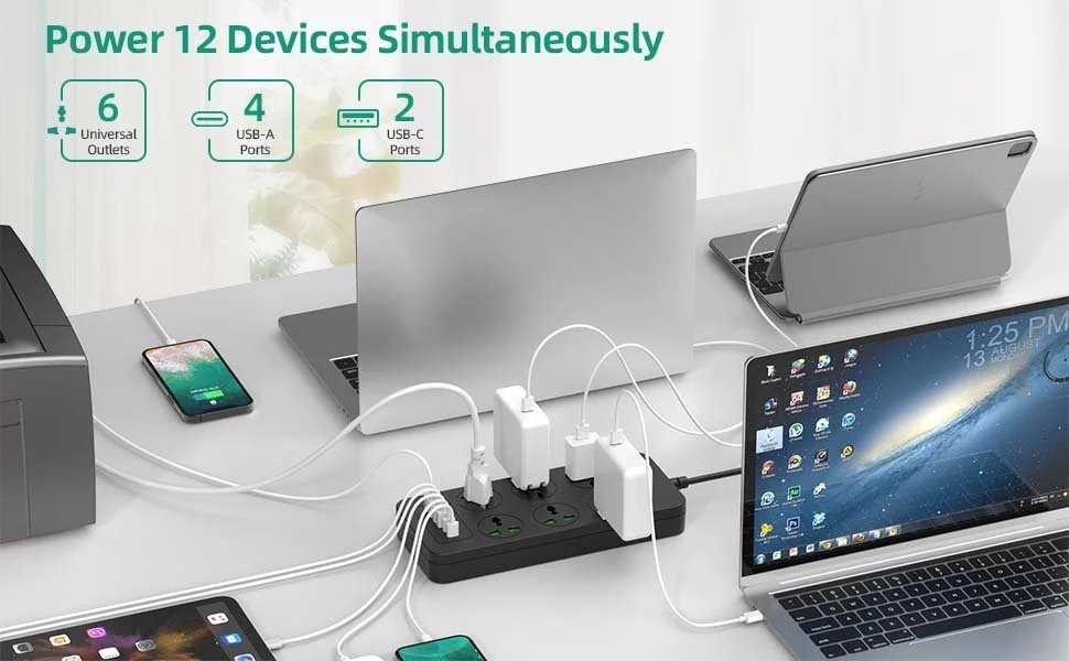 Flat Plug Extension Cord, Universal Power Strip with 6 Outlets 4 USB 2 USB C Ports, 3.1A Fast Charge，Overload Protection, 3000w, 110-240v, Plug Adapter for Home Office Overseas Travel Essentials