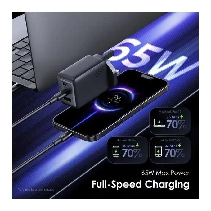 Oraimo HyperGan 65 OCW-7652U+116CC – 65W GaN Charger For Phones & Laptops, All-in-One Fast Charging Solution