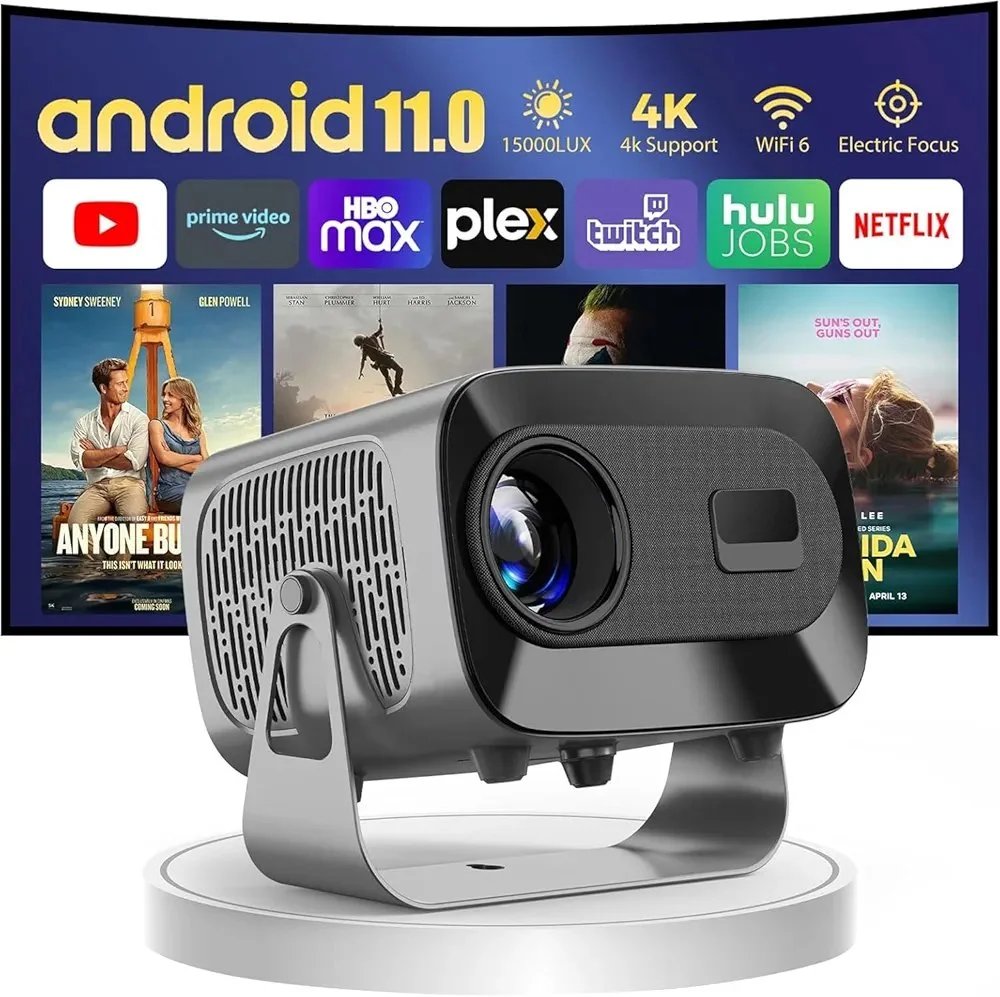 A10 PLUS Projector – Android 11.0, Electric Focus, WiFi 6, Auto Keystone, 15000 Lumens Full HD 1080P Supported, 360° Angle Adjustment Movie Projector for Home Theater